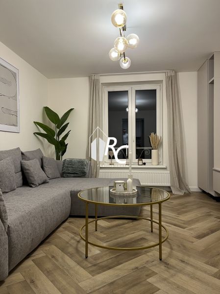 Living room with a sofa, glass table, and wooden decor flooring in a 2-room apartment.