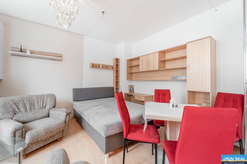 Interior of a 1-room apartment with red chairs and a wooden decor floor.