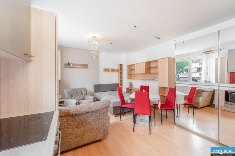 Living space in a one-room apartment with a wooden decor floor, red chairs, and a sofa.