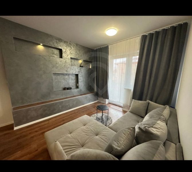 Living room in a two-room apartment with a wooden decor floor and gray furniture.