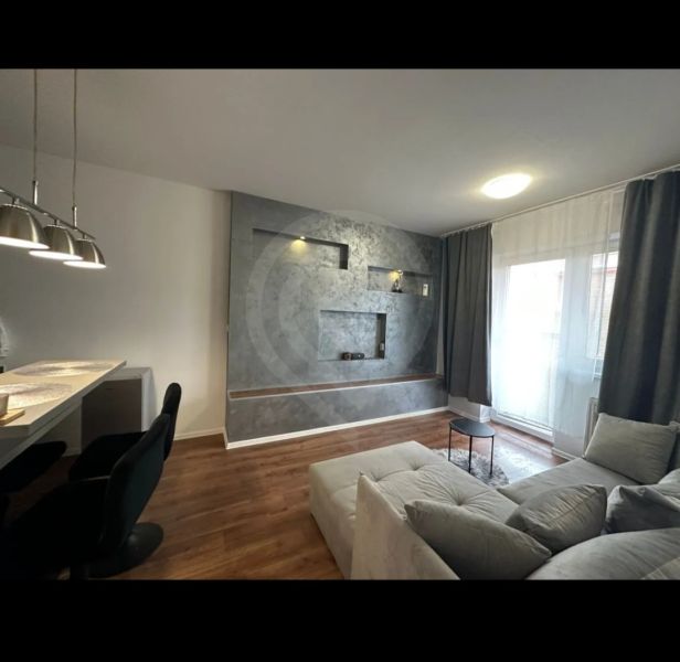 Living room with a gray wall, wood-patterned flooring, and a comfortable sofa in a two-room apartment.