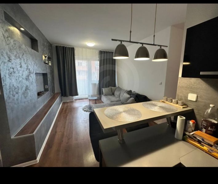 Living room with wood-patterned flooring, gray sofa, and decorative wall in a two-room apartment.