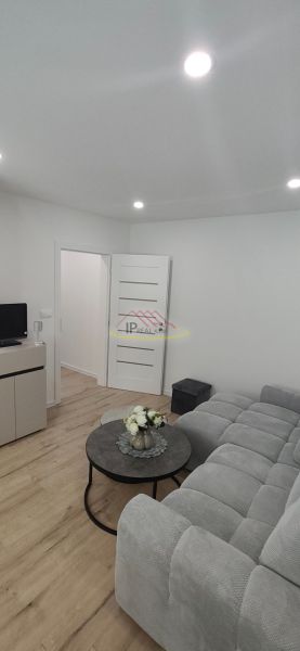 Living room with a comfortable sofa and wooden decor flooring in a 3-room apartment.
