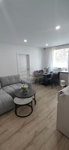 Living room in a three-room apartment with a wooden decor floor and a gray sofa.