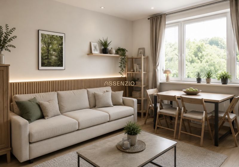 Living room in a 2-room apartment with a comfortable sofa and a dining table.