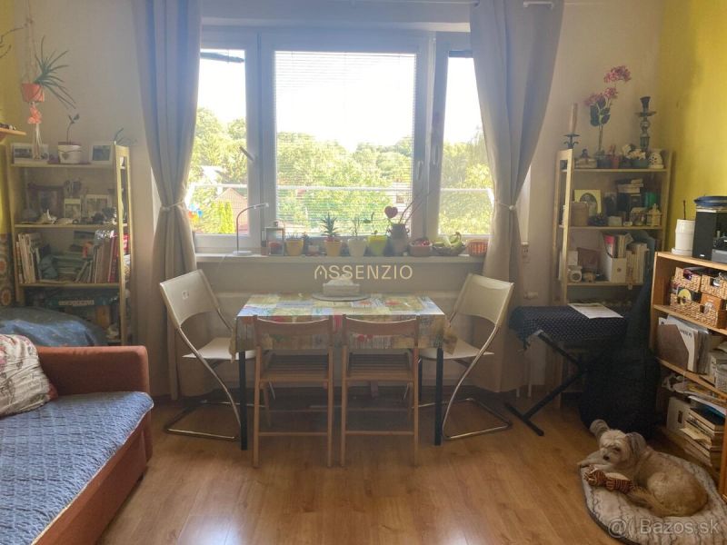 A room in a 2-room apartment with a wooden decor floor and a sofa.