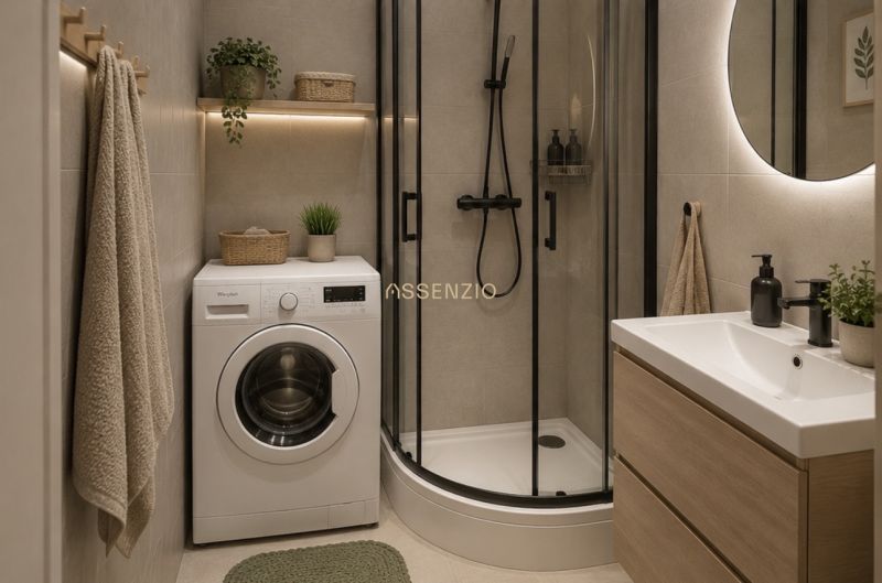 Bathroom in a 2-room apartment with a shower, washing machine, and sink.