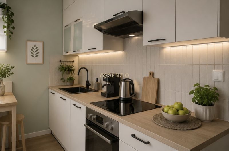 A kitchen in a 2-room apartment with wooden decor, decorations, and greenery.