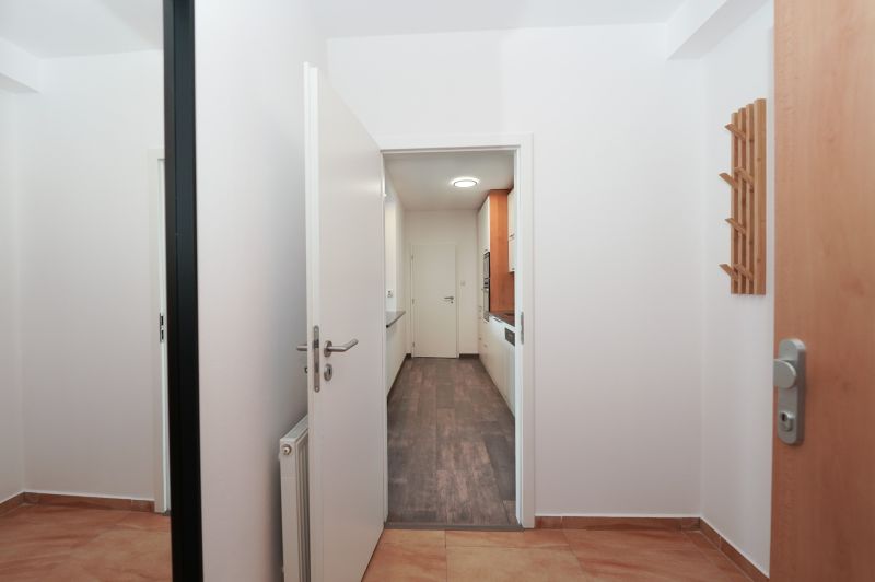 A hallway with a wooden decor floor leads to the kitchen in a 3-room apartment.