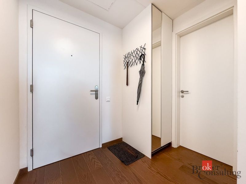 Entrance hallway in a 2-room apartment with white doors and a wooden decor floor.