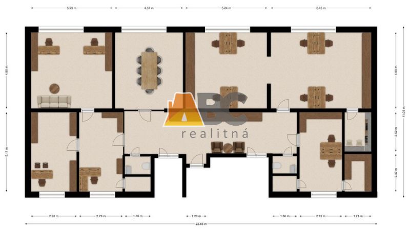 Floor plan of offices with wood decor flooring, rooms suitable for work activities.