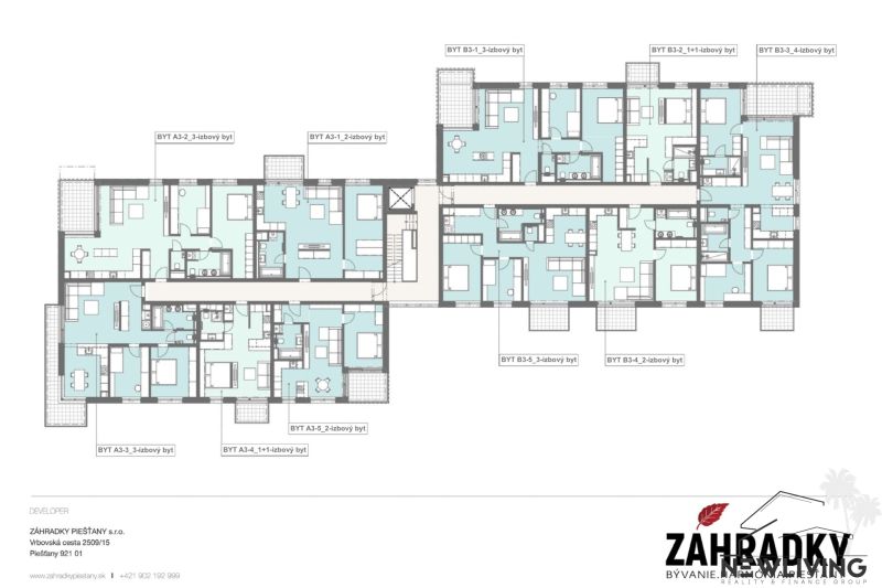 Floor plans of apartments on Brigádnická Street in Piešťany with the layout of rooms and balconies.