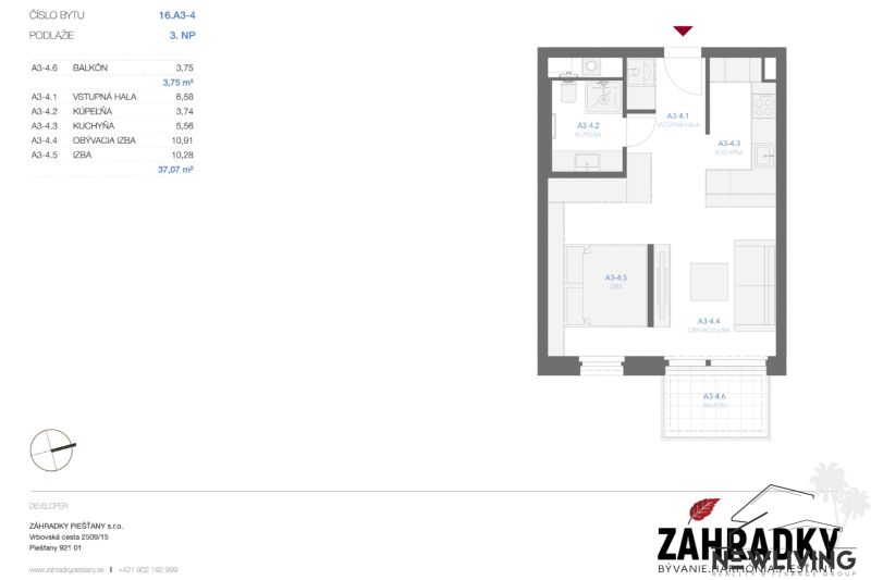 Floor plan of a 1-bedroom apartment with a balcony and a bathroom, showing the layout of the rooms.