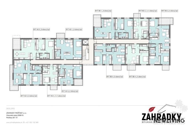The floor plan shows the layout of various apartments in the project on Brigádnicka Street in Piešťany.