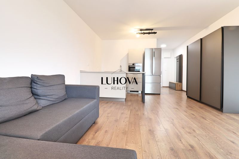 Living area in a studio apartment with wood-patterned flooring and a kitchenette.