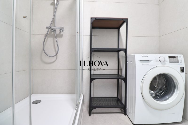 Shower corner, washing machine, and shelf in the bathroom of a studio apartment.