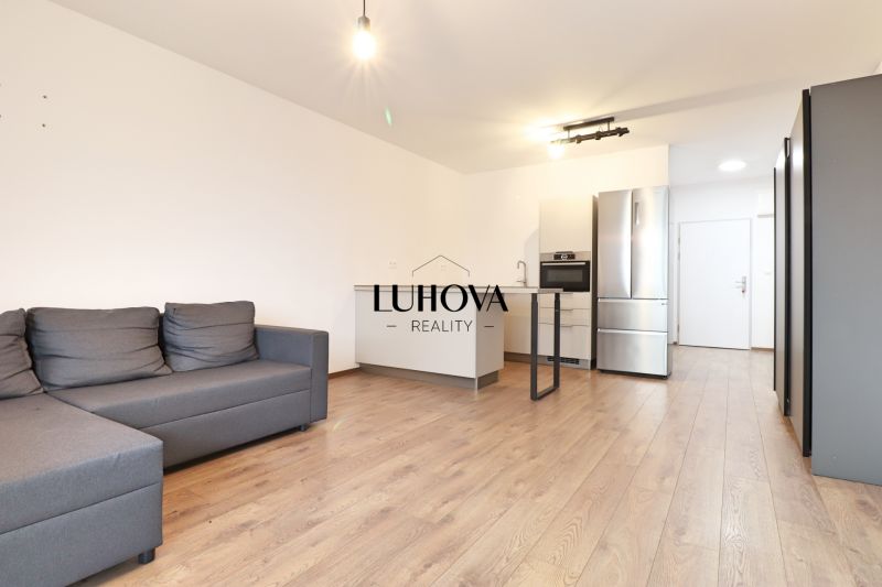 Living room with kitchen, gray sofa, and wooden decor flooring.