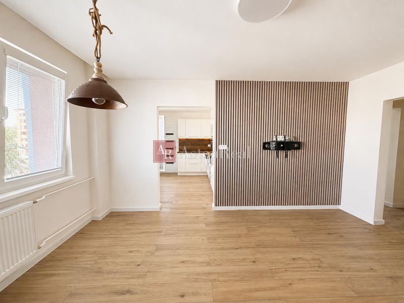 2-room apartment with wood-decor flooring, minimalist interior, bright room.