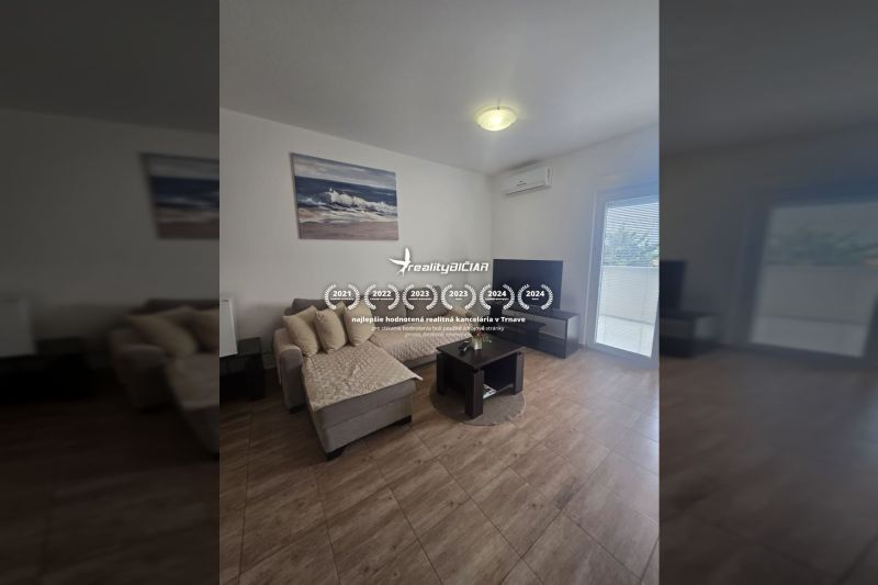 Living room in a two-room apartment with a sofa and a wooden decor floor.