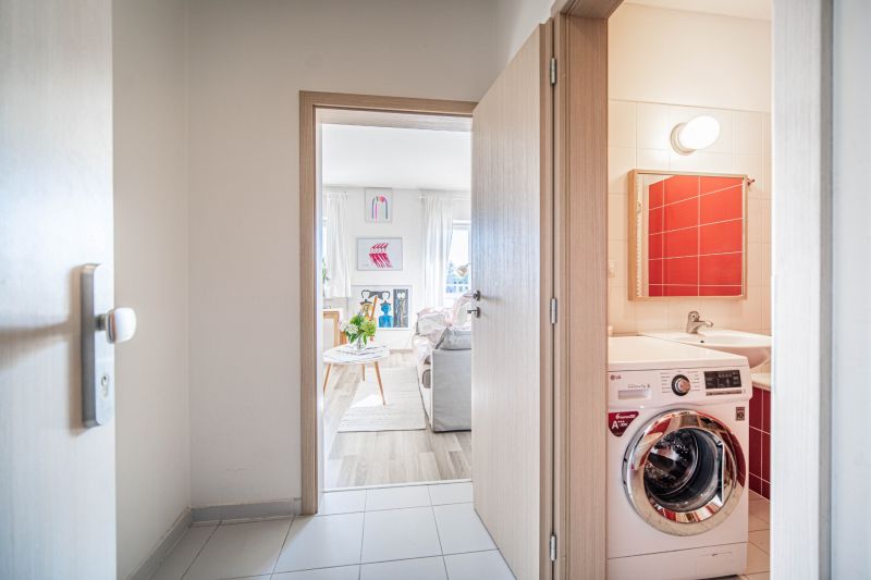 Hallway with a washing machine, bathroom, and living room in a 2-room apartment, floor with wooden decor.