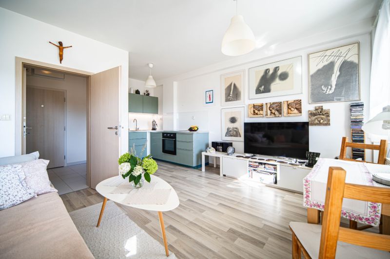 Living room in a 2-room apartment with decorative paintings and a wooden decor floor.