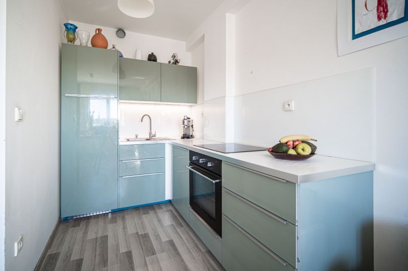 A kitchen in a 2-room apartment, with green cabinets and a wooden decor floor.