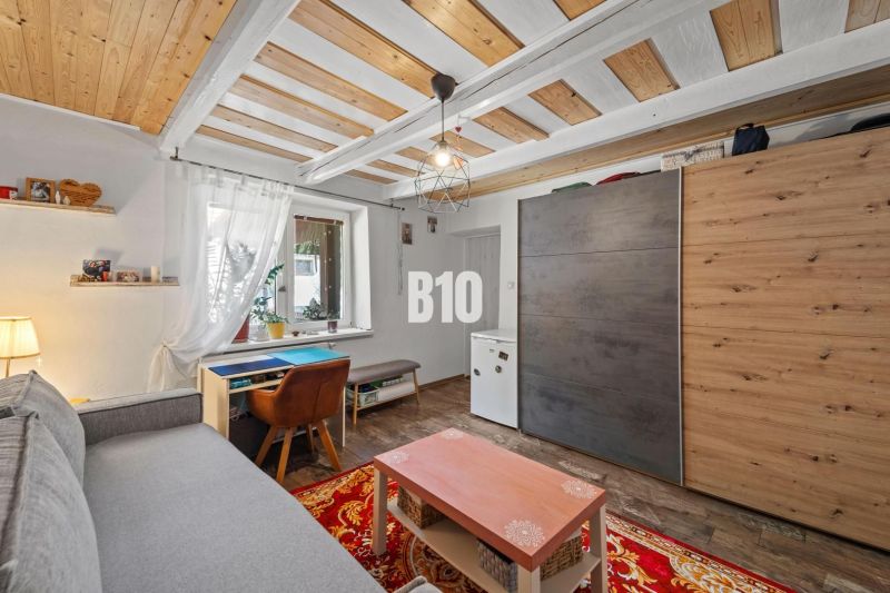 Living room of a family house with a floor and ceiling featuring a wooden decor.