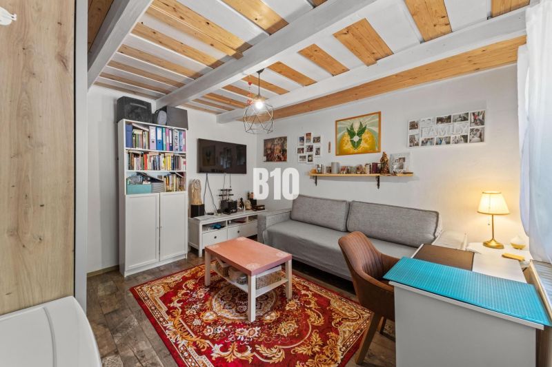 Living room of a family house with a sofa, shelves, and wood-decorated flooring.
