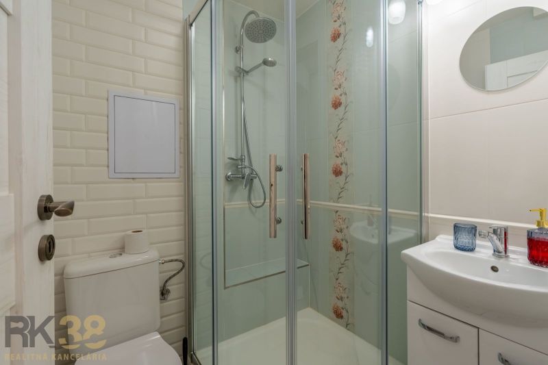 Bathroom with shower and toilet in a studio apartment.