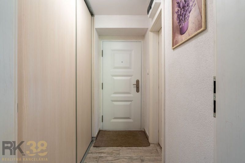 A hallway in a one-room apartment with a wooden decor floor and a built-in wardrobe.
