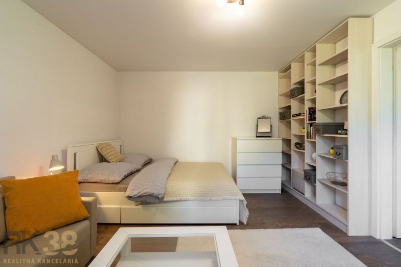 Interior of a 1-room apartment with a bed, sofa, and shelves, floor with wood decor.
