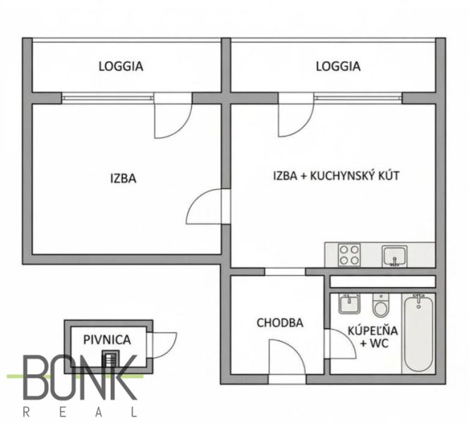 Layout of a 2-room apartment with a loggia, kitchenette, and hallway.