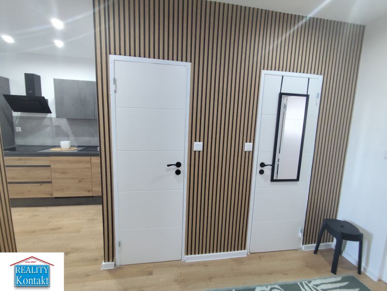 Doors and a kitchen with built-in appliances in a 3-room apartment with a wooden decor floor.