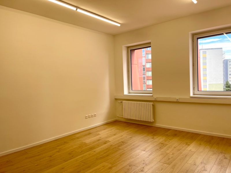 Bright office with wood-patterned flooring, white ceiling, and windows.