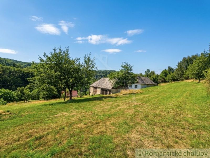 The cabin in Dobroč, surrounded by trees, lies on a green slope under a blue sky.