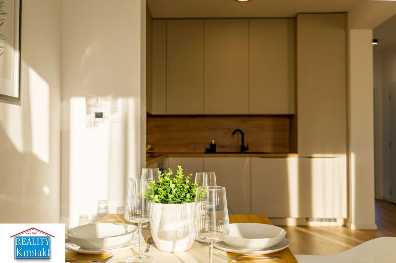 Dining table with dishes and a plant in a family house.