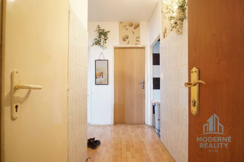 Entrance hallway in a 4-room apartment with wood-patterned flooring and simple decoration.