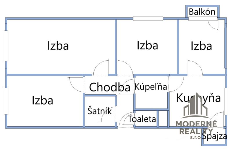 Floor plan of a 4-room apartment with a walk-in closet, bathroom, toilet, kitchen, and balcony.