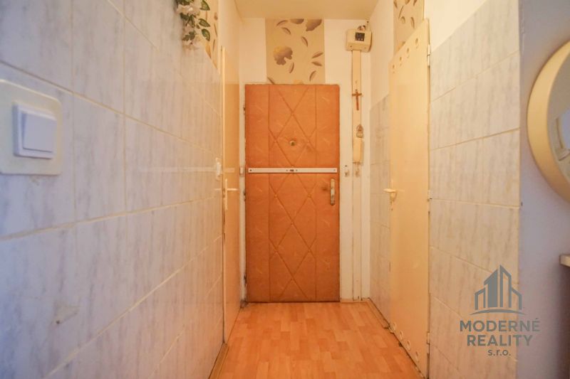 Entrance hallway in a 4-room apartment with a wooden decor floor.