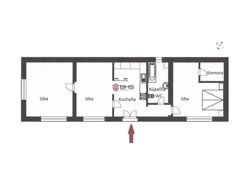Floor plan of a family house with three rooms, a kitchen, a bathroom, and a pantry.