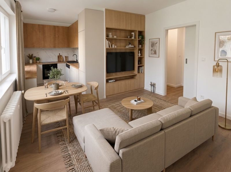 Living area with a built-in kitchen and a wooden decor floor in a 4-room apartment.