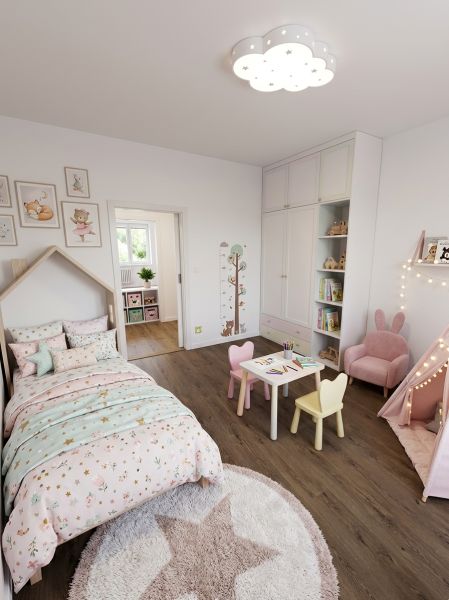 Children's room with a crib, table, and floor with wooden decor in a 4-room apartment.