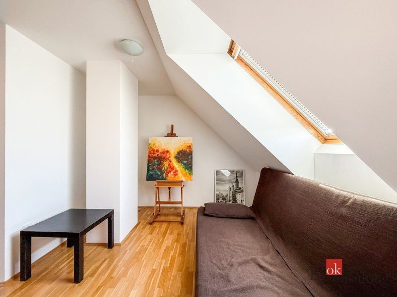 Attic room with a sofa, painting, and skylight in a 5 or more room apartment.