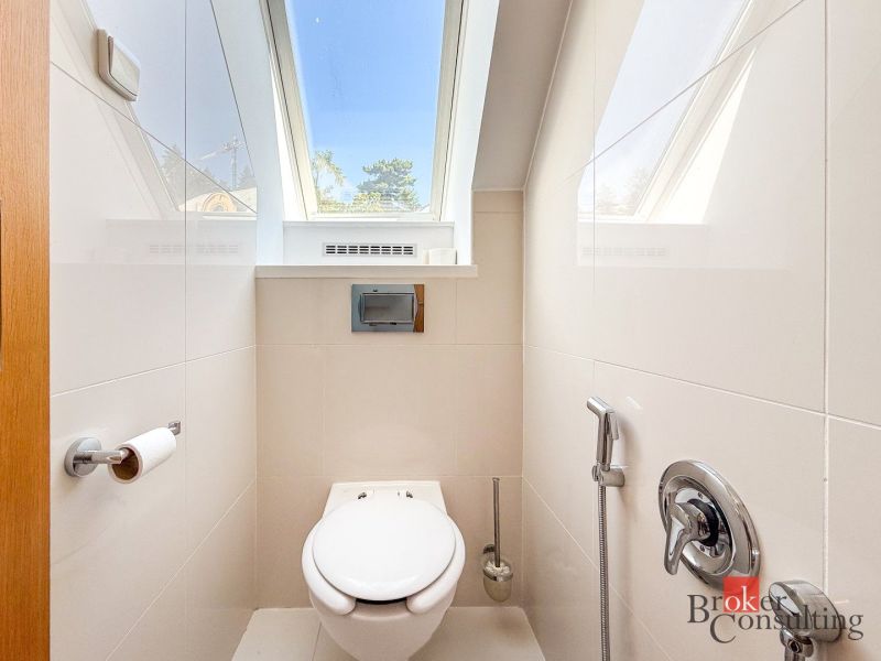 Bathroom window in a 5 or more room apartment, toilet with a view of trees.