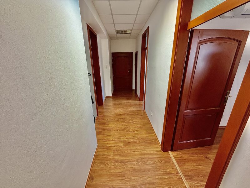 Offices with wood-patterned flooring and multiple wooden doors.