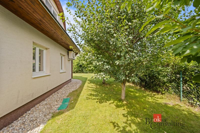 The trees by the cottage in Vojka nad Dunajom offer shade on the green lawn in the yard.