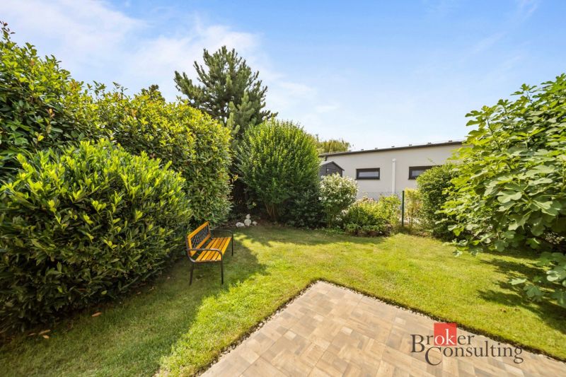 A garden by the cottage in Vojka nad Dunajom with a bench, surrounded by greenery and shrubs.