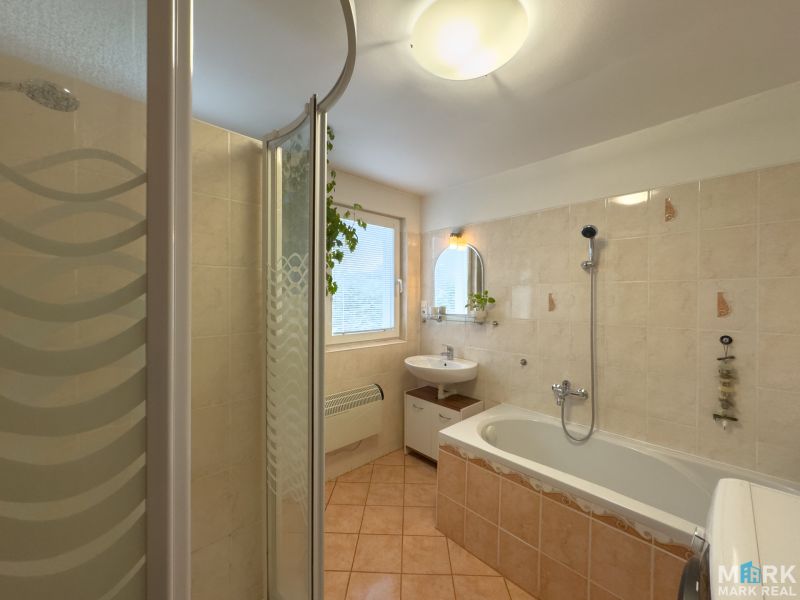 A bathroom in a family house with a bathtub, a shower, and a plant on the windowsill.