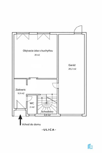 Floor plan of a family house: living room with kitchen, entrance hall, toilet, staircase, garage.