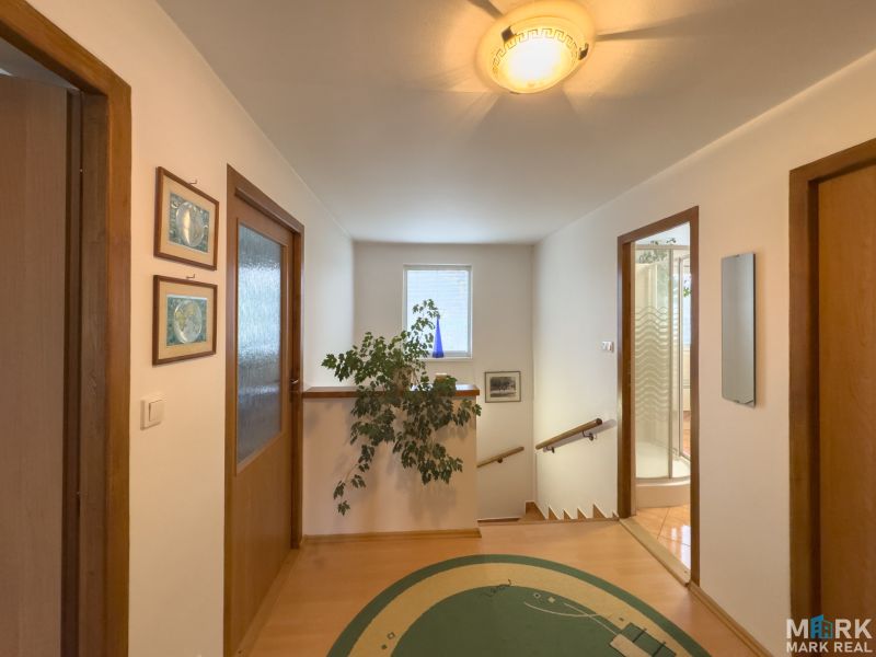 A hallway in a family house with a wooden decor floor, paintings, and a plant.